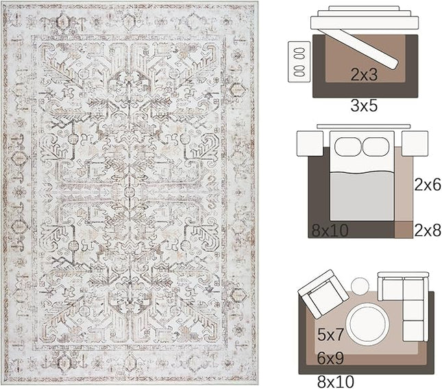 jinchan Lima 2x3 Washable Rug for Entryway - Vintage Floral Ultra-Thin Low Pile Soft Small Non Slip Distressed Indoor Door mat Accent Area Rug for Entrance Kitchen Bathroom Bedroom (2x3ft, Taupe)