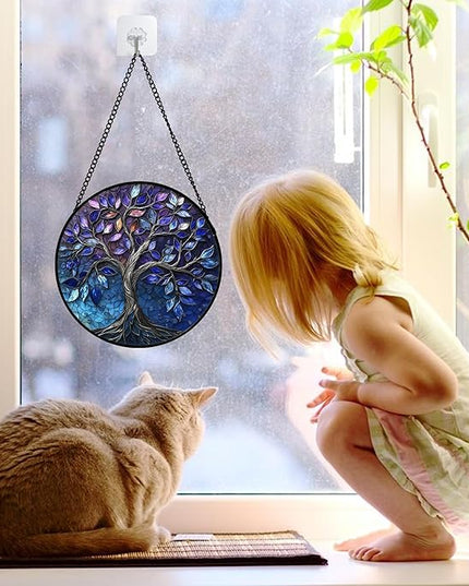 Stained Glass Window Hanging, Blue Purple Tree of Life Sun Catchers Colorful Glass Panel Plants Suncatcher Decor for Birthday for Women,Men,Wife, Lovers, and Mom 6.3 in