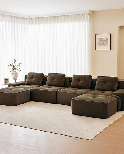 Hommoo 153" Oversized Sectional Sofa, Modular U Shaped Couch with Ottoman, Comfy Corduroy Couches with Deep Seat, 6 Seat Convertible Boneless Sofa for Living Room No Assembly Required Brown