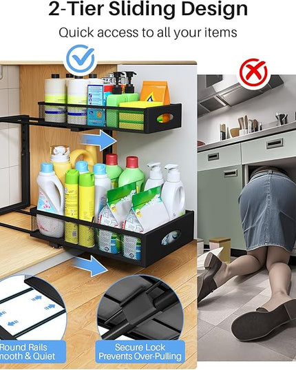 Under Sink Organizer, 2 Pack 2 Tier Pull Out Under Cabinet Organizer Shelf with Pad for Framed Cabinets, Metal Slide Out Under Sink Storage, Mesh Sliding Drawers for Kitchen Bathroom Laundry, Black