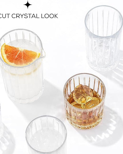 JoyJolt Drinking Glasses Set of 8, Alina Ribbed Glassware. 12oz Rocks Glass and 14oz Highball Glass set. Cocktail Glasses, Iced Coffee Cup or Water cups. Heavy Base Glassware Set