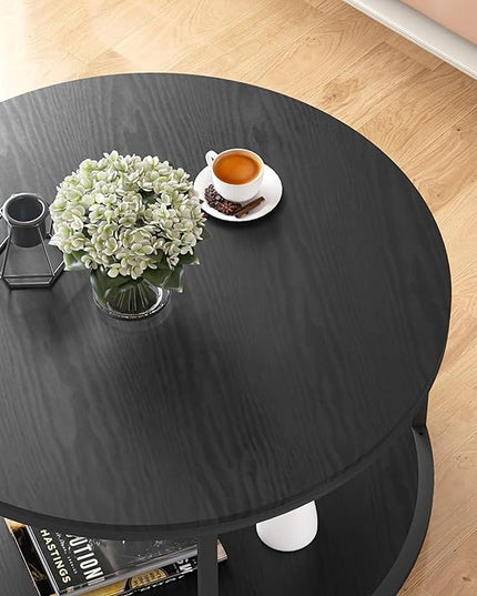 NSdirect Round Coffee Table, 25.6" Small Coffee Table for Living Room,2-Tier Rustic Wood Desktop with Storage Shelf Modern Design Home Furniture(Brown)