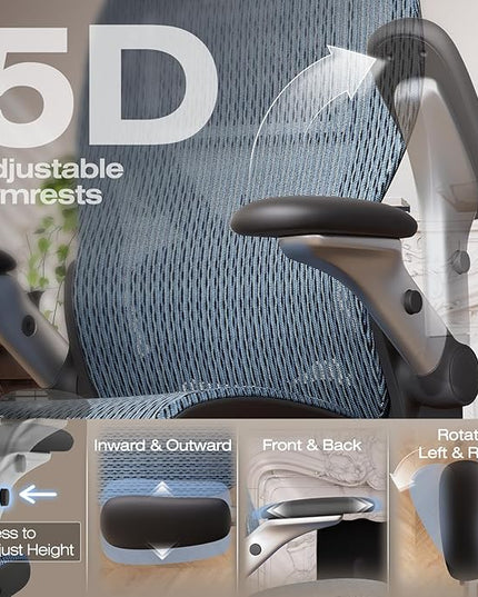 ELABEST X100 Ergonomic Office Chair with Footrest, Big and Tall Home Desk Chair with 5D Flip-Up Arms, Adjustable 3D Lumbar Support,High Back Rolling Computer Chair, Swivel Mesh Chairs (Oaxaca Blue)