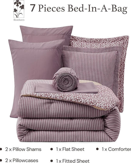 Queen Comforter Set - 7 Pieces Deep Purple Gauze Muslin Bedding Sets for All Seasons, Lightweight Breathable Bed in a Bag Queen with Revesible Farmhouse Comforter, Sheets, Pillowcases & Shams