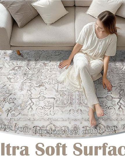 jinchan Lima Hallway Runner Rug 2x8 Washable - Vintage Floral Non Slip Low-Pile Soft Ultra-Thin Faux Wool Kitchen Rug Distressed Carpet Runner for Farmhouse Bedroom Laundry (2x8ft, Taupe)