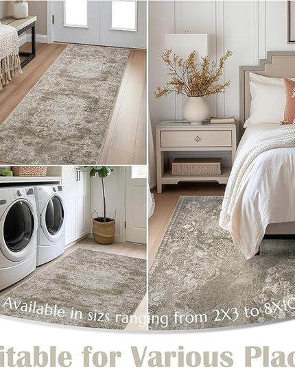 jinchan Vintage Floral Runner Rug 2x5 - Machine Washable Distressed Design Non-Slip Low-Pile Soft Thin Carpet for Hallway Kitchen Farmhouse Bedroom Entryway Laundry Room (2x5ft, Brown)