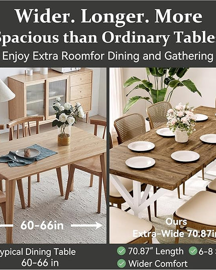 70.8 Inch Rectangular Dining Table for 6-8 People, Farmhouse Kitchen Table with Metal Base & Solid Wood Top, Easy Assembly, Water-Resistant, for Dining Room & Kitchen, Natural & White