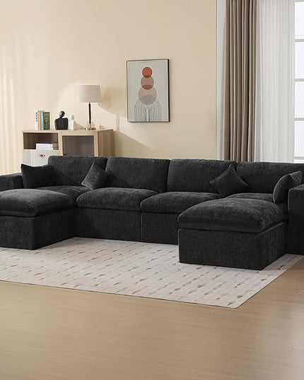 155''Cloud Boneless Modular Couch, Oversized Sectional Sofa Deep Seat with 2 Ottomans, Modern Upholstered Convertible U Shape Couch Comfy 6 Seater Chenille Sofa Couches for Living Room, Dark