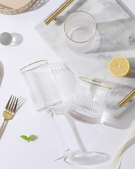 Lysenn Vintage Glassware Set - Ribbed & Fluted Wine, Champagne, Whiskey & Highball Glasses for Wedding or Party, Set of 4