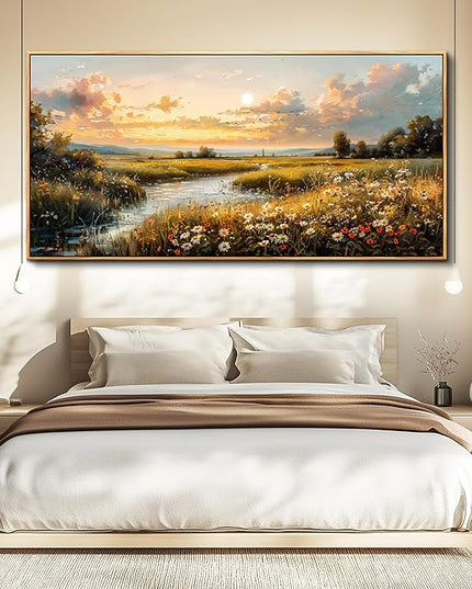 FUHAIHUA Large Wood Framed Wall Decor For Living Room Canvas Wall Art For Office Modern Wall Decorations For Bedroom Sunset Landscape Painting Farmhouse Pictures Artwork Room Home Decor 24x48 In