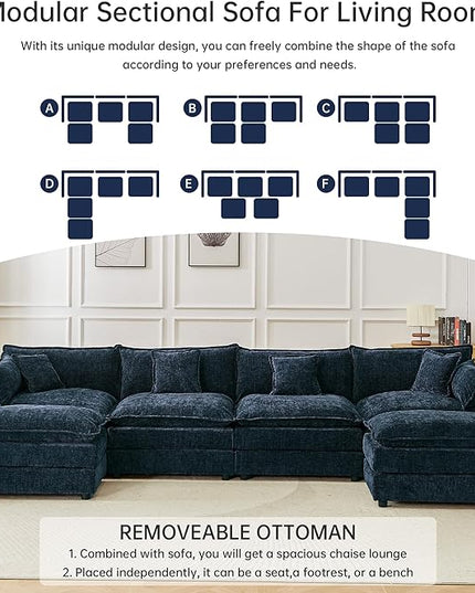 Modular Sectional Sofa, 147.2 Inch U Shaped Couch Set with Armrests, 4-Seater Comfy Cloud Couches with Movable Ottoman for Living Room Apartment, Blue