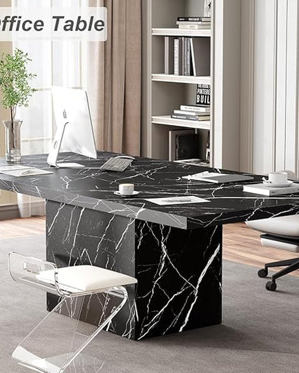 HSH 78” Black Dining Table for 6 to 8, Rectangle Large Faux Marble Dinner Table, Modern Dining Room Table for Living Room Office, Industrial Wood Kitchen Table only with Sturdy Base, Black, 78.74 Inch