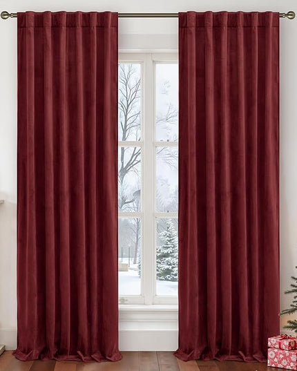 LAMIT Burgundy Red Velvet Curtains 108 Inch for Living Room, Vintage Thermal Insulated Theater Panels Room Darkening Back Tab and Rod Pocket Christmas Drapes for Bedroom, 2 Panels, 52 x 108 Inch