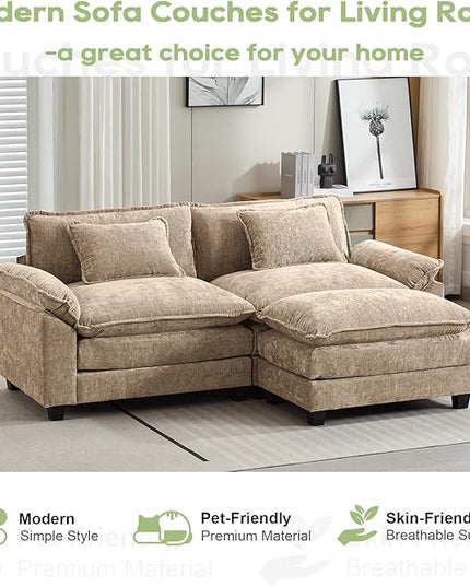 86" Modular Sectional Sofa, Comfy Cloud Couch Sectional Sofa with Ottoman, Chenille Sofa Sleeper Deep Seat Sofa with Throw Pillows for Living Room (Khaki, 86"- L Shape)