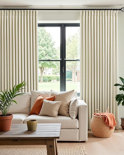 IVAPUPU Cream Beige Pinch Pleated Full Blackout Linen Curtains for Bedroom, Black Out Curtains 102 Inches Long for Living Room Darkening Thermal Insulated Neutral Pleat Drapes with 16 Hooks, 2 Panels