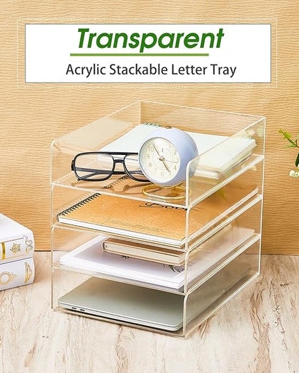 Harloon 4 Tier Acrylic Paper Tray 12 x 9.3 x 2.7 Inches Stackable Letter Clear Organizer No Need to Assemble Acrylic Paper File Organizer for Office Workspace Desktop Storage(Transparent)