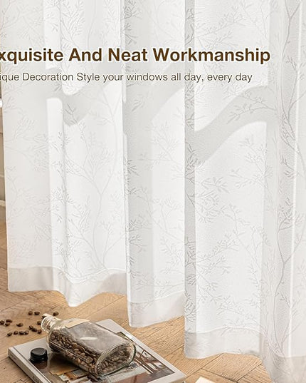Anmao White Semi Sheer Light Filtering Curtains 102 Inches Long 2 Panels, Branch Pattern Drapes for Living Room Bedroom, Rod Pocket Sheer Window Treatments with Floral Design, 52x102 Inch