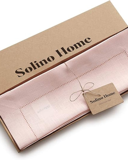 Solino Home Linen Placemats Set of 4 - Classic Hemstitch Pink Placemats 14 x 19 Inch - 100% Pure Linen Table Mats for Christmas