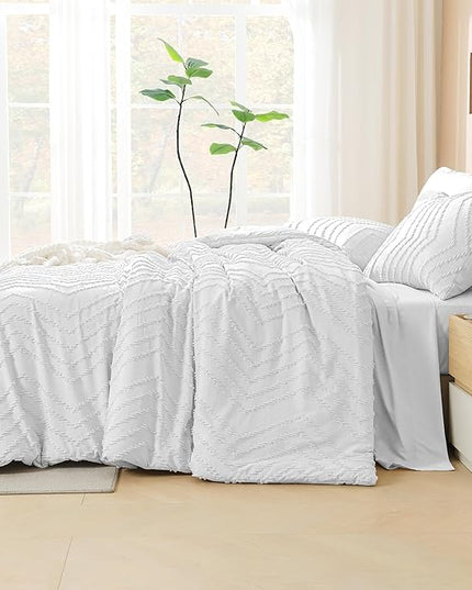 Litanika Super King Size Comforter Set with Sheets White - 7 Pieces Bed in a Bag Oversized King Boho Tufted Complete Bedding Sets with Comforter, Sheets, Pillowcases & Shams