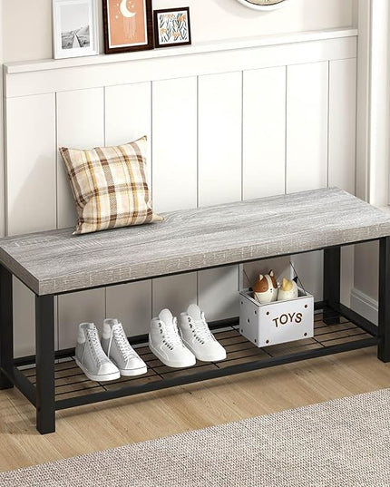FOLUBAN Entryway Bench, Rustic Wood and Metal Shoe Storage Bench for Hallway Front Door Entrance, Industrial Indoor Bench for Bedroom Living Room, 43.3 Inch Light Grey
