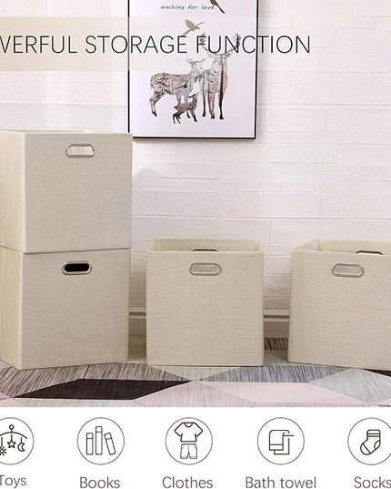 Cube Storage Bins 13×13 Inch Linen Foldable Box with Handles, Collapsible Organization Basket Set of 4 Large Capacity Drawer for Closet Shelf Cabinet Bookcase Bedroom, Beige