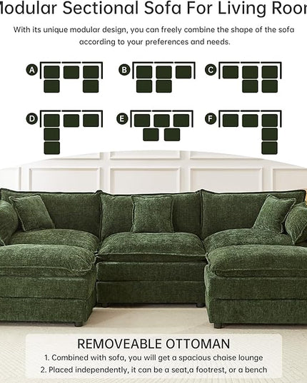 Modular Sectional Sofa, 112.2 Inch U Shaped Couch Set with Armrests, 3-Seater Comfy Cloud Couches for Living Room Apartment, Green