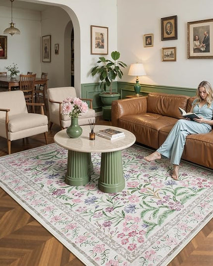 Wonnitar Floral Purple Rug for Bedroom, Washable 5x7 Area Rugs for Dorm, Boho Soft Non Slip Ultra-Thin Indoor Floor Carpet for Kids Room Nursery Living Room Classroom, Light Purple/Pink