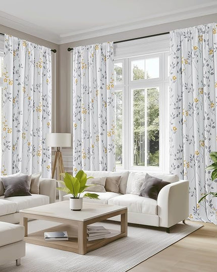 Beauoop Floral 100% Blackout Curtains 96 Inches Long 2 Panels for Bedroom Living Room Yellow Grey and White Flower Patterned Room Darkening Thermal Soundproof Rod Pocket Back Tab Window Drapes, 52X96