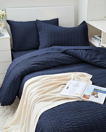 HYMOKEGE Navy Blue Twin XL Comforter Set Seersucker 5 Pieces, All Season Luxury Bed in a Bag for Bedroom, Bedding Set with Comforter, Sheets, Pillowcase & Sham