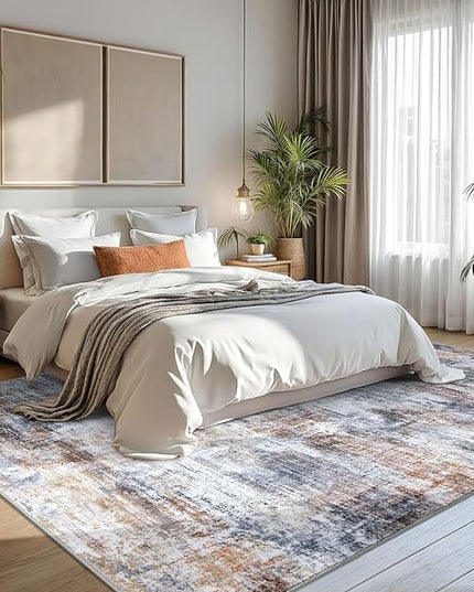 IOHOUZE Abstract Area Rugs 8x10 Ft Washable Large Rugs for Living Room, Non Slip Dining Room Rug, Printed Faux Wool Rugs for Bedroom, Floor Carpet for Office Nursery Playroom, Orange Grey