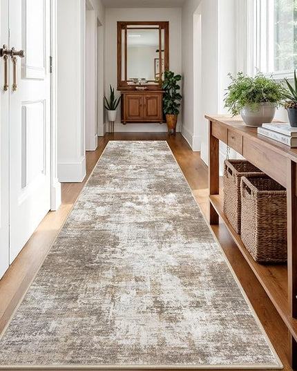 IOHOUZE Abstract Runner Rug 3x12 Ft Washable Runners for Hallways, Non Slip Kitchen Runner Printed Faux Wool Entryway Runner Indoor, Modern Abstract Floor Carpet for Hall Kitchen, Beige Brown