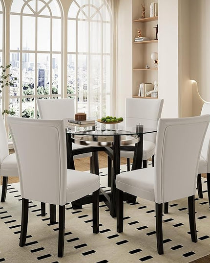 PADMA HOUSE Round Glass Dining Table Set for 2, 45in Modern Kitchen Small Wood Dinner Table with 2 Parsons Leather Dining Chairs 3 Piece Dining Room Table Chair Set,Clear&Ivory