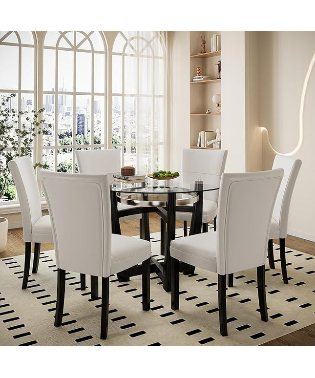 PADMA HOUSE Round Glass Dining Table Set for 6, 45in Modern Kitchen Small Wood Dinner Table with 6 Parsons Leather Dining Chairs 7 Piece Dining Room Table Chair Set,Clear&Ivory