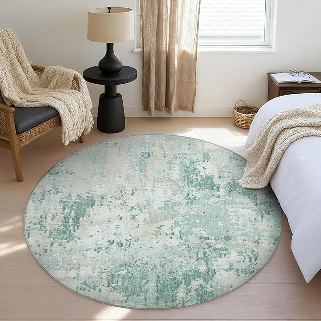Modern Abstract 4x4 Round Area Rug Non Slip Non Shedding Rug Low Pile Stain Resistant for Bedroom Living Room Office Dining Room,Green