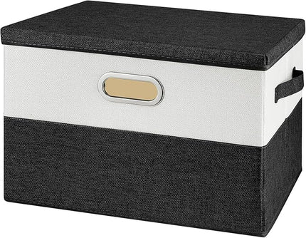 Large Linen Fabric Foldable Storage Bins with Removable Lid and Handles, Washable Storage Box Organizer Containers Baskets Cube with Cover for Bedroom,Closet,Office (Black&White, Medium)
