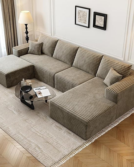 135.4" Cloud Modular Sectional Sofa with 1 Ottoman,Modern Minimalist Upholstered Couches, Comfort U Shaped Sofa for Living Room,Deep Seat Corner Couch，No Assembly Required (Camel,Right Facing Chaise)