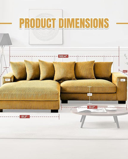 Luxe Oversized Two-Piece Sectional Couches for Living Room, 102.4-Inch L Shaped Sofa with Chaise, Upholstered with Corduroy Fabric, Ginger Yellow -Left Facing