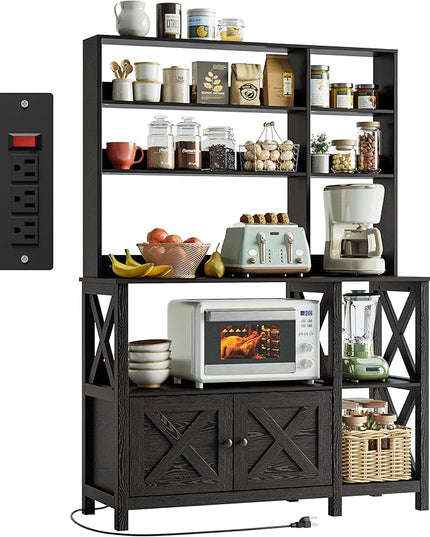 IRONCK Bakers Rack with Power Outlet, 45in Wide Coffee Bar Cabinet with Storage, 6-Tier Kitchen Storage with Doors, Microwave Stand for Kitchen, Dining Room