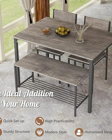 COSTWAY Dining Table Set for 4, Rectangular Kitchen Table Set with Bench and 2 Chairs, Storage Rack & Metal Frame, 4-Piece Dining Room Table and Chairs Set for Small Space, Apartment (Grey)