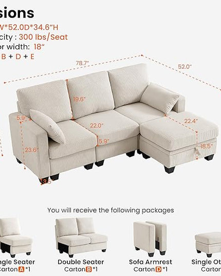 CHIC HOUSE Corduroy Modular Sectional Couch with Ottoman Chaise, L/U Shaped Sleeper Sofa for Living Room, Apartment, Lounge, Modern Armrest Neck Support Furniture (4 Seater Sectional, Beige)