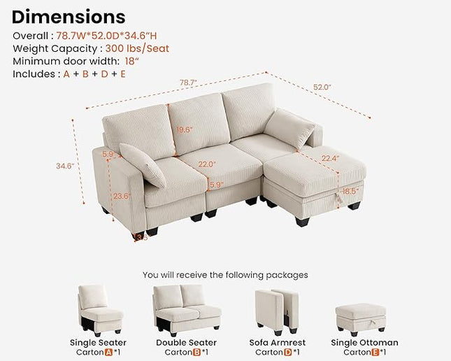 CHIC HOUSE Corduroy Modular Sectional Couch with Ottoman Chaise, L/U Shaped Sleeper Sofa for Living Room, Apartment, Lounge, Modern Armrest Neck Support Furniture (4 Seater Sectional, Beige)