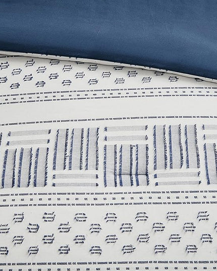 Hyde Lane Modern Navy Bedding, Blue Full/Queen Farmhouse Comforter Set, Cotton Top with Boho Style Clipped Jacquard Stripes, 3-Pieces Including Matching Pillow Shams (90 x 90 Inches)