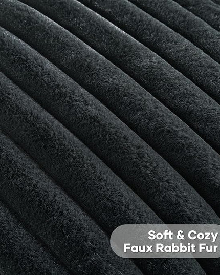 FUTEI Black Throw Pillow Covers Set of 2, 16x16 Inch Striped Texture Cushion Cases with Soft Faux Rabbit Fur Front & Velvet Back, Modern Decorative Couch Pillows for Living Room