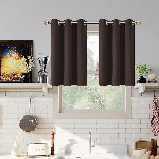 YoungsTex Short Blackout Curtains 36 Inch Length for Kitchen Window - Thermal Insulated with Grommet Room Darkening Drapes for Bathroom Cafe Windows, Brown, 2 Panels, 42 x 36 Inch