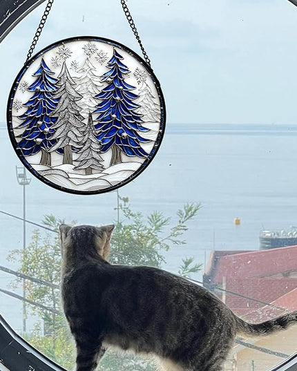 Stained Glass Window Hanging 4 Pcs Set White Winter Christmas Snow Scene 9.8" - Suncatcher Door Garden Sun Catcher Decor Birthday for Mom Woman Nana Men Friend Wife