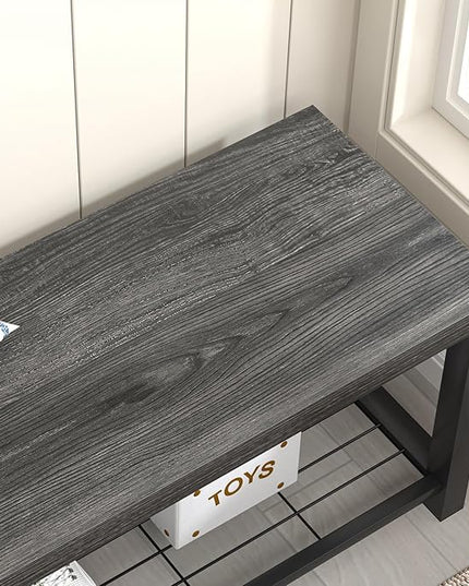 FOLUBAN Shoe Storage Bench, Modern Entryway Bench with Metal Shelf, Industrial Indoor Shoe Bench Seat for Bedroom, Hallway, Living Room, Dark Gray, 47 Inch