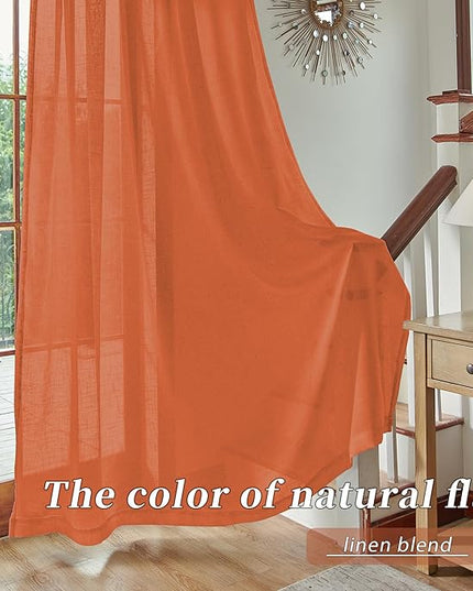 Rust Sheer Linen Curtains 96 Inch Long for Living Room 2 Panels Back Tab Pocket Soft Light Weight Airy Semi Privacy Linen Sheer Curtains for Bedroom Dining Cottage Urban Decor 8 FT 52x96 Burnt Orange