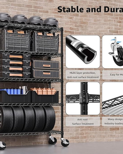 5-Shelf Storage Shelves,Wire Shelving Heavy Duty Metal Storage Shelving Unit Adjustable Garage Shelving Rack Pantry Kitchen (Black, 5 Tier,17.7" D x 47.2" W x 76.7" H)