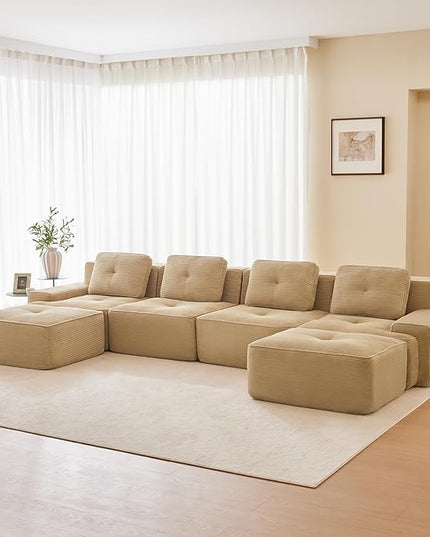 Hommoo 153" Oversized Sectional Sofa, Modular U Shaped Couch with Ottoman, Comfy Corduroy Couches with Deep Seat, 6 Seat Convertible Boneless Sofa for Living Room No Assembly Required Camel
