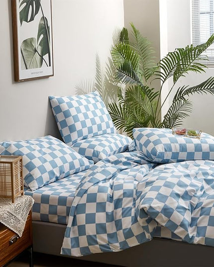 CLOTHKNOW Blue White Plaid Full Size Comforter Sets 3Pcs Grid Bedding Comforter Sets All Season Soft Checker Comforter with 2 x Pillow Cases